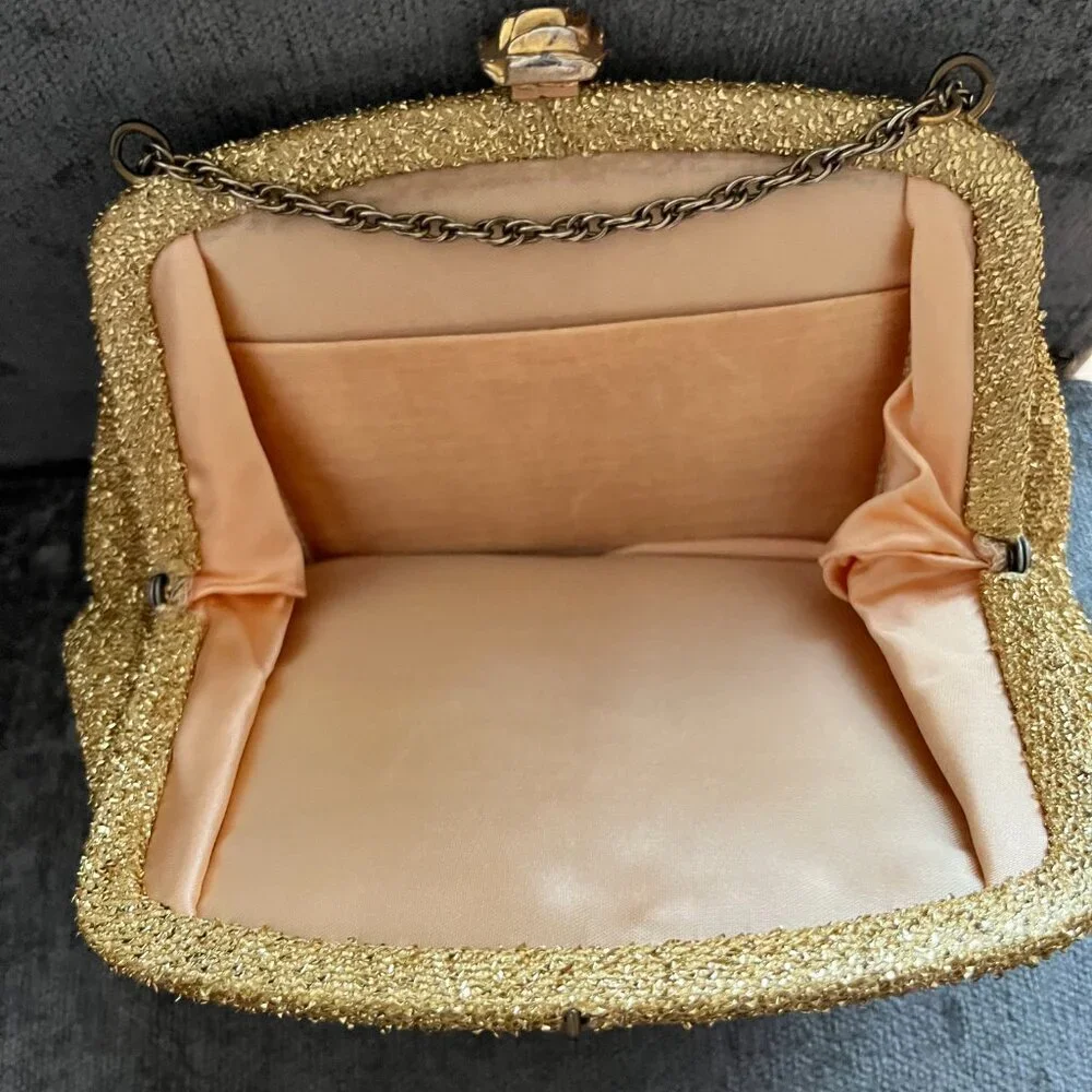 Gold Fabric Vintage Clutch with Chain
